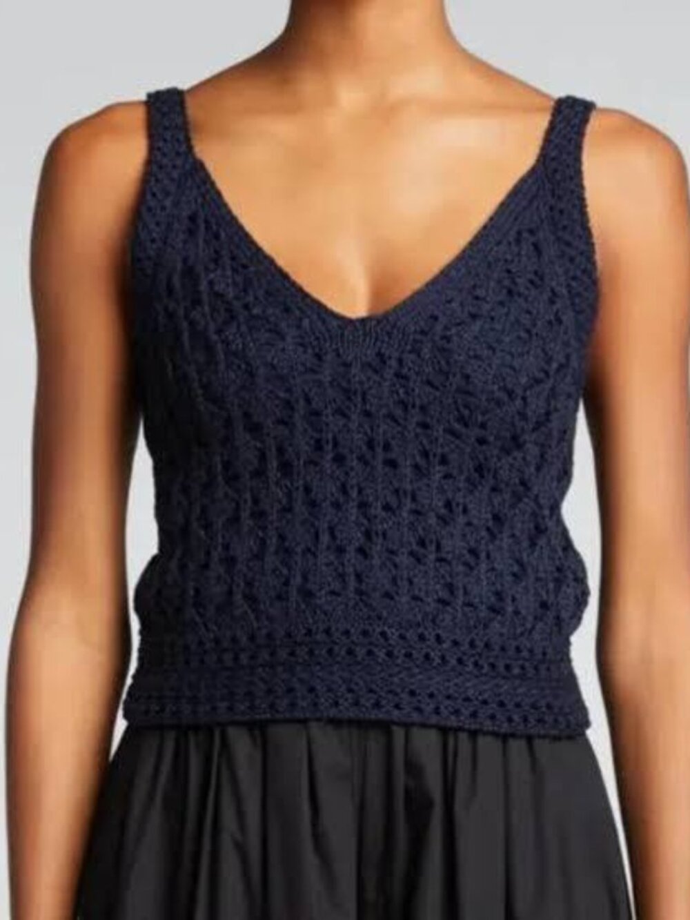 Vince Crochet Knit Camisole Tank Top Navy Blue Double V Neck Openwork Stitch S